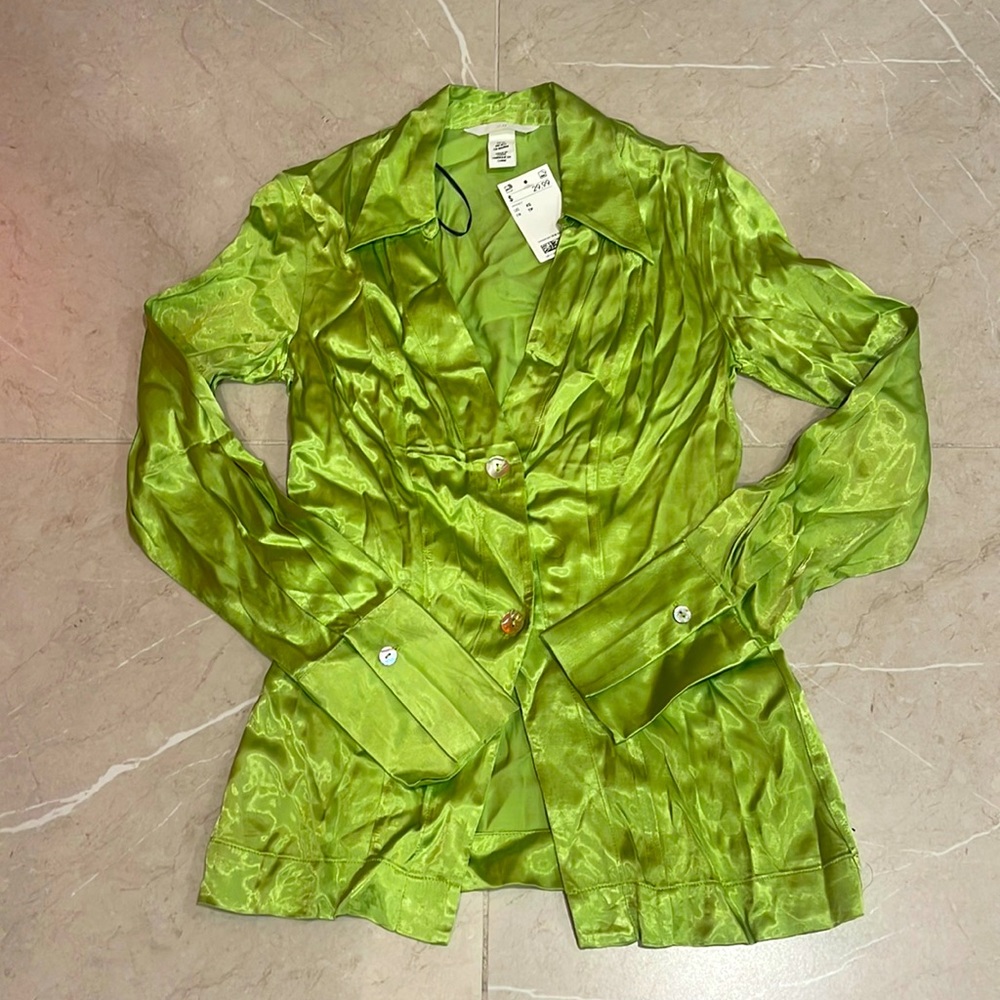 H&M Neon Green Silky Trendy Long Sleeve Button Up Women’s Shirt NWT